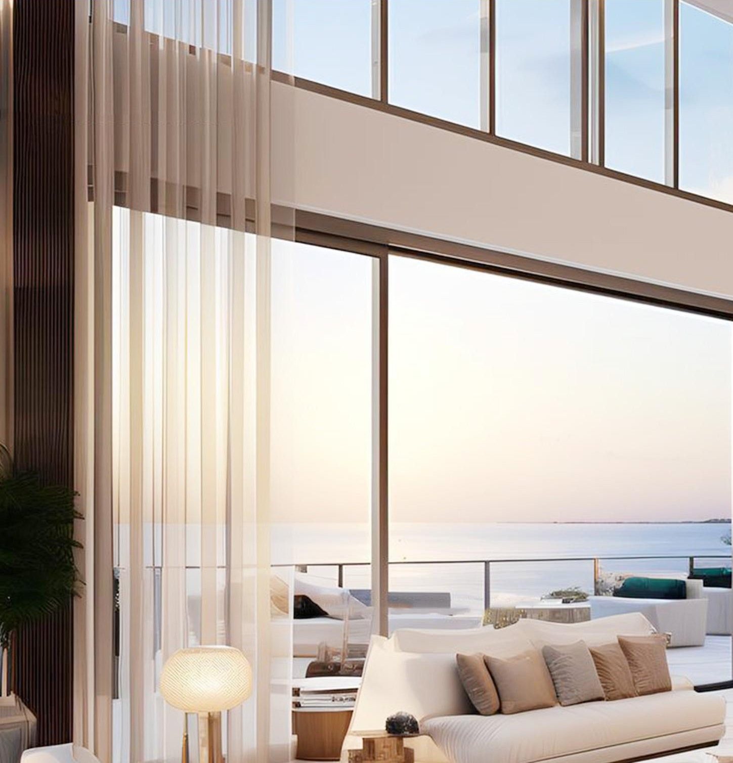 Floor-to-ceiling Coastal Series glass opening onto an ocean terrace at golden hour